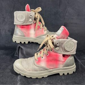 Palladium Boots Womens 9 Red Plaid Distressed Canvas Fold Over Shoes